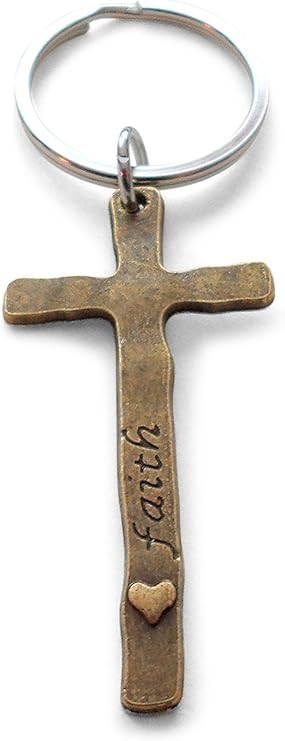 Bronze Cross Keychain with Faith Tag & Small Heart Charm, Religious Keychain (With Faith Tag)