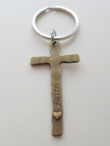 Bronze Cross Keychain with Faith Tag & Small Heart Charm, Religious Keychain (With Faith Tag)