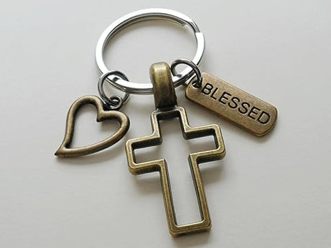 Bronze Cross Charm Keychain with Heart Charm & Word Tag Charm, Religious Keychain (Blessed Tag)