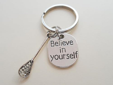 Lacrosse Stick Charm Keychain with Believe in Yourself Tag Charm; Graduate Keychain, Lacrosse Player Keychain