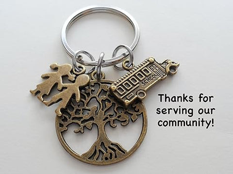 School Bus Driver Appreciation Keychain with Bronze School Bus Charm, Kids Charm, and Tree Charm