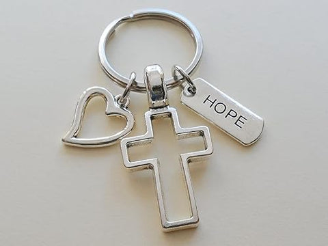 Cross Charm Keychain with Heart Charm & Word Tag Charm, Religious Keychain (Hope Tag)