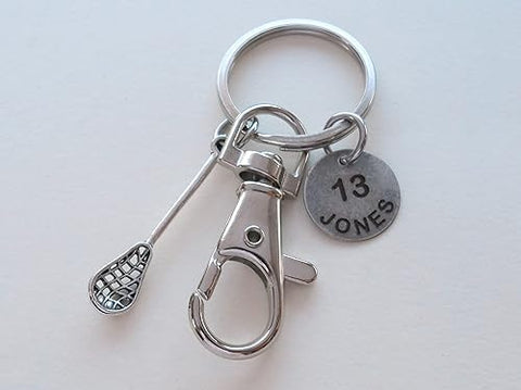 Custom Lacrosse Stick Charm Keychain with Swivel Clasp & Engraved Circle Tag, Graduate Keychain, Lacrosse Player Keychain