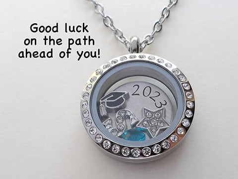 Custom Graduate Circle Crystal Edge Floating Charm Locket Necklace, Stainless Steel Locket, Graduation 2024, 2025 or 2026, Reach for the Stars