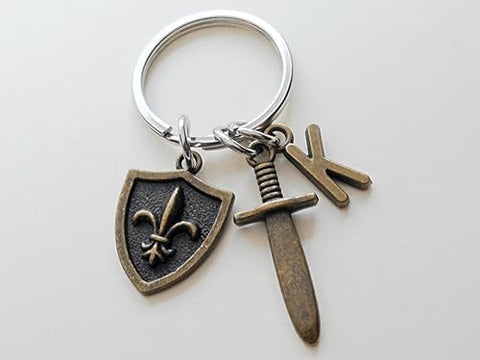 Custom Small Bronze Sword & Shield Keychain with Letter Charm; Knight, Warrior, Fantasy Keychain