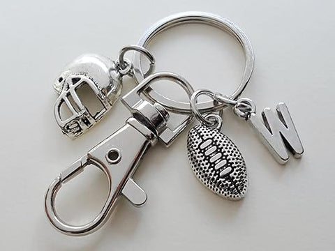 Custom Football Charm Keychain with Small Football Charm, Helmet Charm, Letter Charm & Swivel Clasp; Football Team Player Keychain