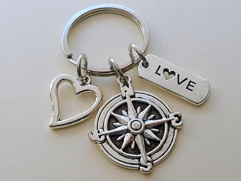 Compass Charm Keychain with Love Charm & Heart Charm - I'd Be Lost Without You; Couples Keychain