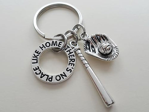 Baseball or Softball Keychain with Baseball Mitt Charm, Baseball Bat Charm, and a "There's No Place Like Home" Ring Charm, Team Player Keychain