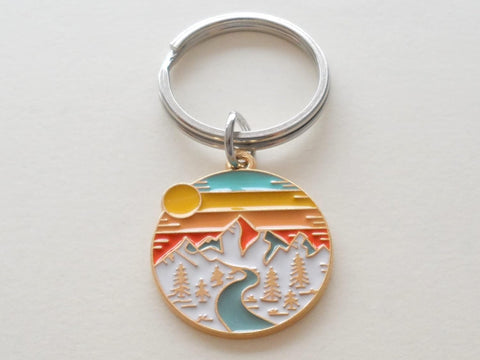 Camping Keychain; Mountain, Trees, River & Orange Sunset Sky Scene Charm Keychain