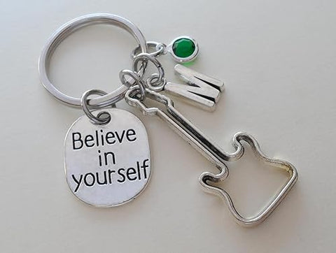 Custom Guitar Charm Keychain with Believe In Yourself Charm & Initial Charm, Graduate Keychain, Guitar Player Keychain