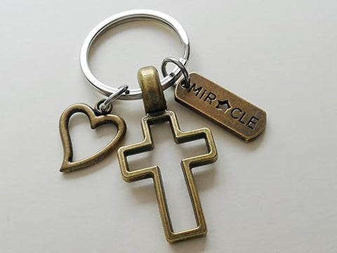 Bronze Cross Charm Keychain with Heart Charm & Word Tag Charm, Religious Keychain (Miracle Tag)