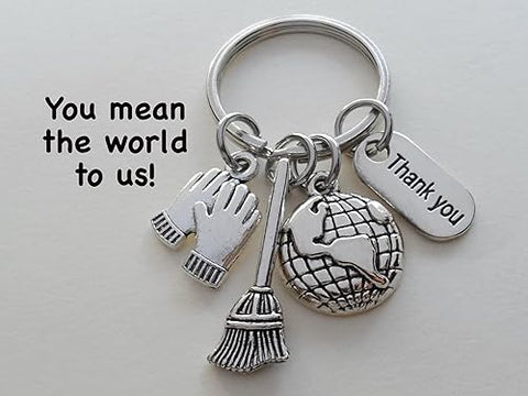 Housekeeping Appreciation Keychain with Broom, Gloves, World Globe & T