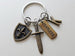 Custom Small Bronze Sword, Shield & Fearless Charm Keychain with Letter Charm; Knight, Warrior, Fantasy Keychain