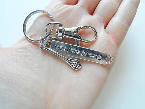 Lacrosse Stick Charm Keychain with Enjoy the Journey Charm & Swivel Clasp; Graduate Keychain, Lacrosse Player or Coach Keychain