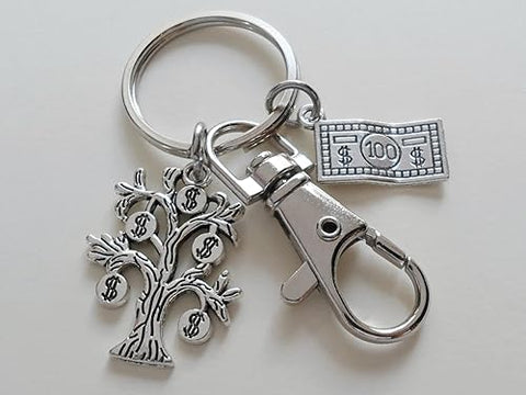 Accountant Student Charm Keychain with Money Tree Charm, Money Bill Charm & Swivel Clasp; Accountant, Bookkeeper or Entrepreneur Keychain