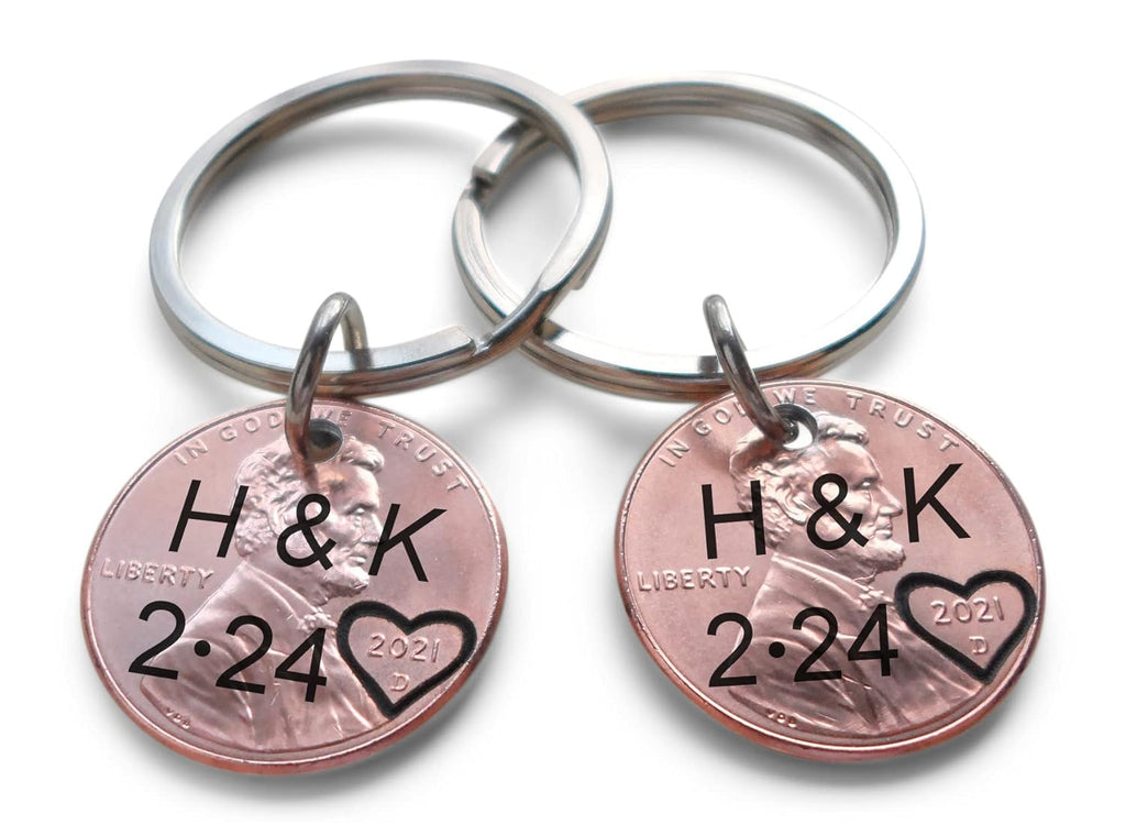 Personalized Double Set Penny Keychains Custom Hand Stamped and Heart Around The Year