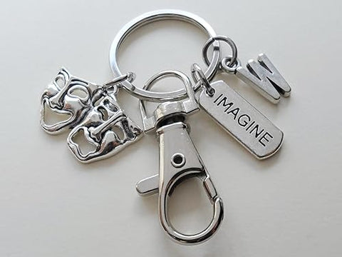 Custom Theatre Masks & Imagine Charm Keychain with Swivel Clasp & Letter Charm, Mask Charm, Drama Keychain, Graduation Keychain, Actors Keychain