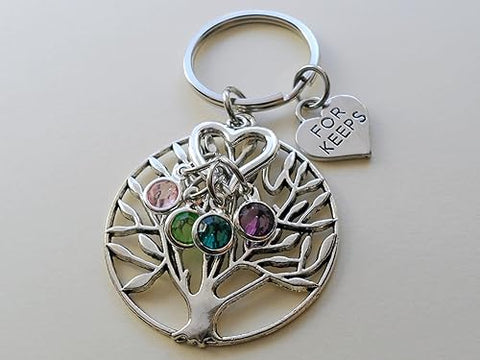 Custom Family Tree Keychain with Birthstone Charms & For Keeps Heart Charm, Gift for Mom or Grandma