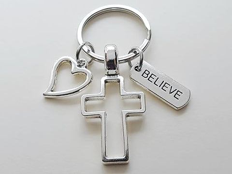 Cross Charm Keychain with Heart Charm & Word Tag Charm, Religious Keychain (Believe Tag)