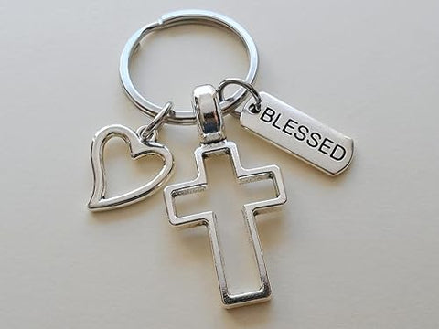 Cross Charm Keychain with Heart Charm & Word Tag Charm, Religious Keychain (Blessed Tag)