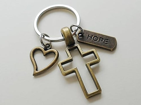 Bronze Cross Charm Keychain with Heart Charm & Word Tag Charm, Religious Keychain (Hope Tag)