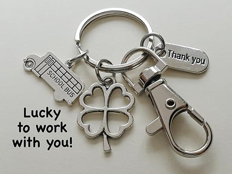 School Bus Driver Appreciation Keychain with School Bus Charm, Clover Charm, Thank You Charm & Swivel Clasp