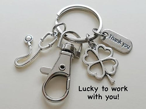 Nurse or Medical Staff Charm Keychain with Stethoscope Charm, Clover Charm, Thank You Charm & Swivel Clasp; Doctor Office or Hospital Staff Keychain