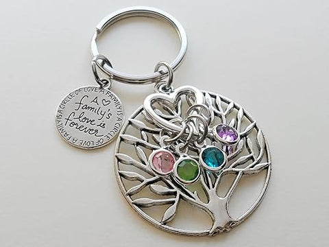 Custom Family Tree Keychain with Birthstone Charms & Family Saying Disc Charm, Gift for Mom or Grandma