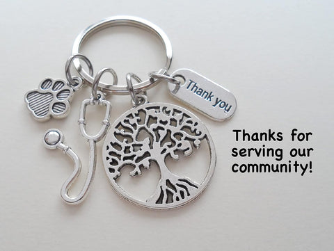 Veterinarian Appreciation Keychain, Veterinary Hospital Staff Gift, Pet & Animal Care Medical Professional; Tree, Paw Print, Stethoscope, & Thank You Charm Keychain