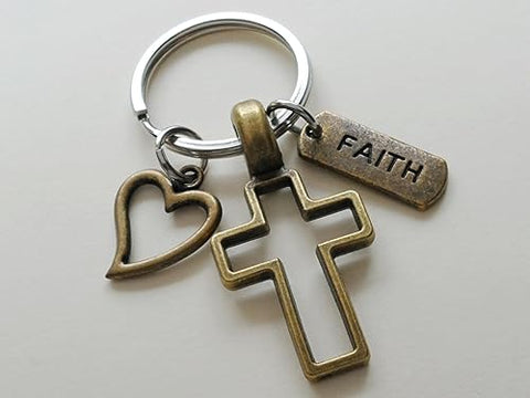 Bronze Cross Charm Keychain with Heart Charm & Word Tag Charm, Religious Keychain (Faith Tag)