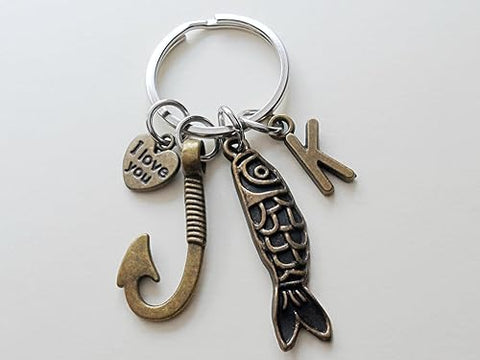 Custom Bronze Hook & Fish Charm Keychain with I Love You Heart Charm & Letter Charm