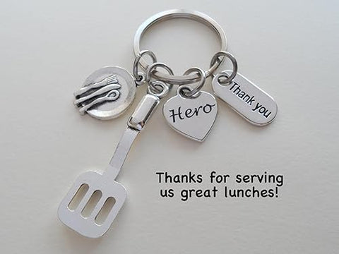 Serving Spatula Charm Keychain with Plate Charm, Hero Heart Charm, and Thank You Charm; Food Server, School Lunch Serving Staff Appreciation Keychain