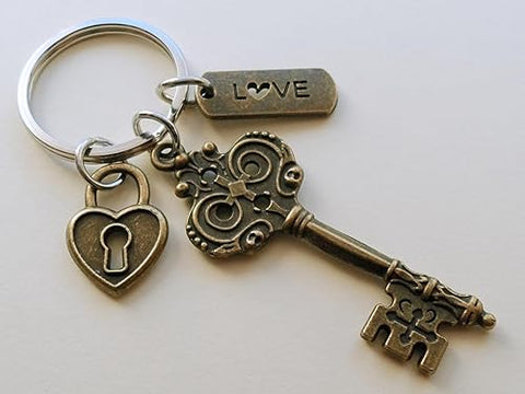 Bronze Key Charm Keychain with Small Heart Lock Charm & Love Tag Charm; Couples Anniversary Keychain