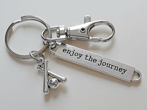 Baseball or Softball Keychain with Baseball Bats & Ball Charm, Enjoy the Journey Charm, and Swivel Clasp, Team Player Keychain