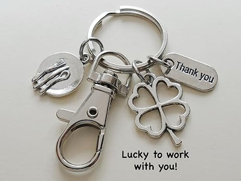 Lunch or Food Service Charm Keychain with Plate Charm, Clover Charm, Thank You Charm & Swivel Clasp; Food Server, School Lunch Serving Staff Appreciation Keychain