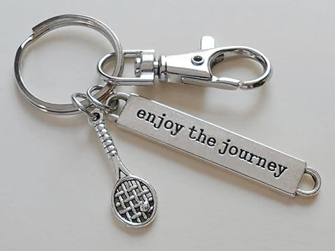 Tennis Charm Keychain with Tennis Racquet Charm, Enjoy the Journey Charm & Swivel Clasp; Graduate Keychain, Tennis Player or Coach Keychain