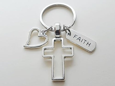 Custom Cross Charm Keychain with Heart Charm, Word Tag Charm, & Letter Charm; Religious Keychain