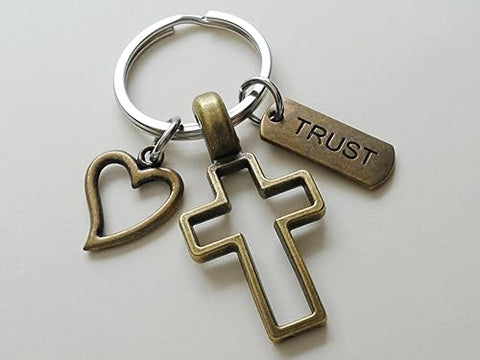 Bronze Cross Charm Keychain with Heart Charm & Word Tag Charm, Religious Keychain (Trust Tag)