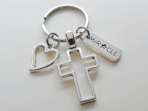 Cross Charm Keychain with Heart Charm & Word Tag Charm, Religious Keychain (Miracle Tag)