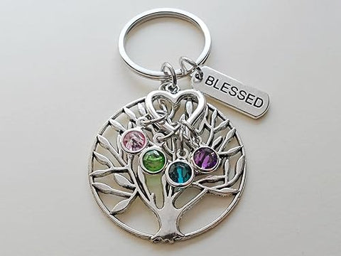 Custom Family Tree Keychain with Birthstone Charms & Blessed Charm, Gift for Mom or Grandma