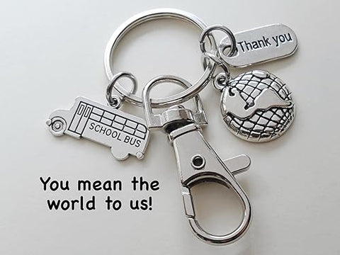 School Bus Driver Appreciation Keychain with School Bus Charm, World Globe Charm, Thank You Charm & Swivel Clasp