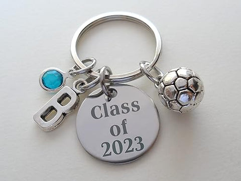 Custom Graduation Class of 2023 or 2024 Disc Keychain with Soccer Ball Charm, Personalized Graduate Keychain, Gift for Graduate