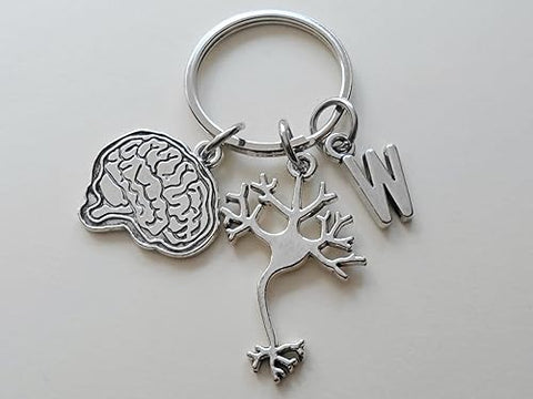 Custom Psychologist or Neuroscientist Appreciation Keychain with Brain Charm, Neuron & Letter Charm