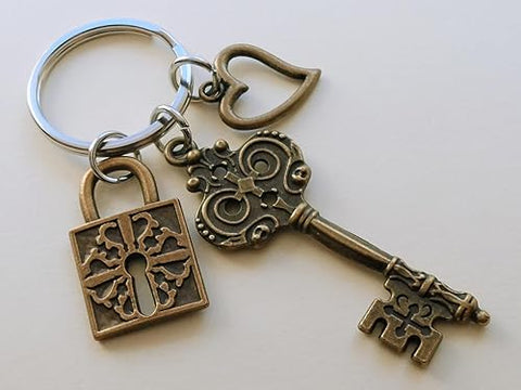 Bronze Key Charm Keychain with Lock Charm & Heart Charm; Couples Anniversary Keychain