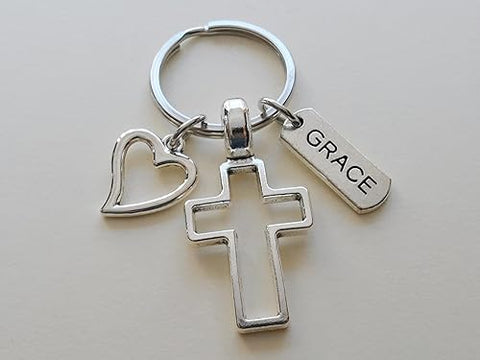 Cross Charm Keychain with Heart Charm & Word Tag Charm, Religious Keychain (Grace Tag)