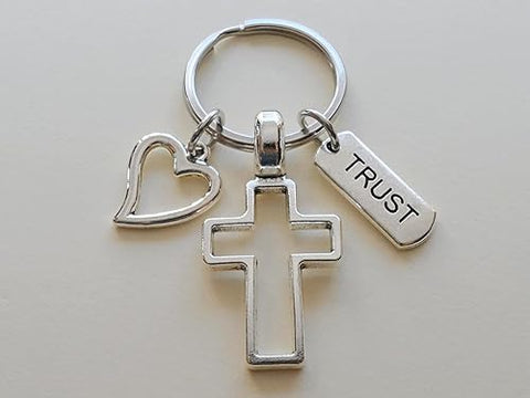 Cross Charm Keychain with Heart Charm & Word Tag Charm, Religious Keychain (Trust Tag)