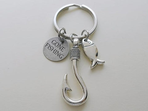 Gone Fishing Fish Hook Charm Keychain with Small Fish Charm