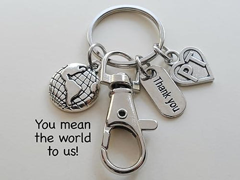 Physical Therapist Appreciation Keychain with World Globe Charm, PT Heart Charm, Thank You Charm, and Swivel Clasp