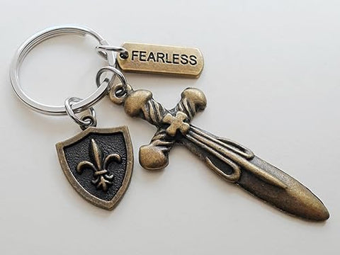 Bronze Sword & Small Shield Charm Keychain with Fearless Charm, Knight Keychain, Warrior Keychain, Fantasy Keychain