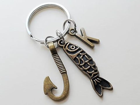 Custom Bronze Hook & Fish Charm Keychain with Letter Charm